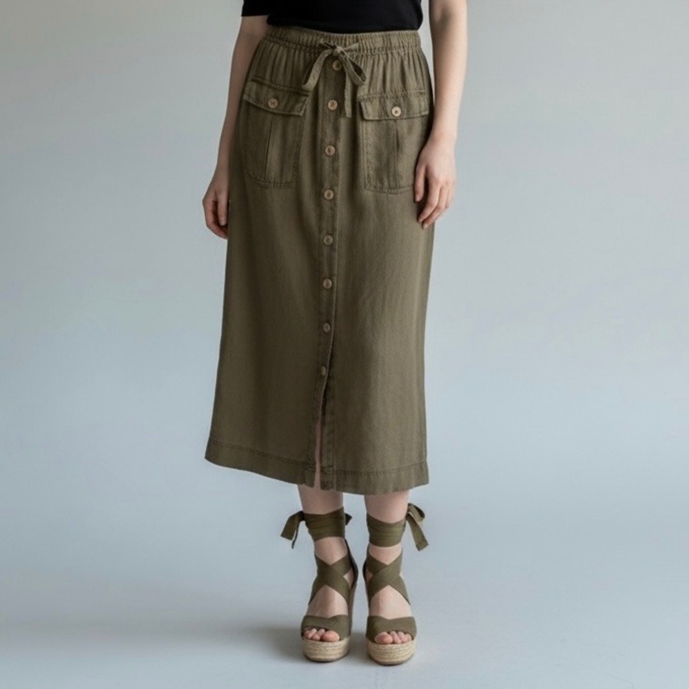Nicole Miller New York Olive Green 100% Linen Button Front Utility Midi Skirt S